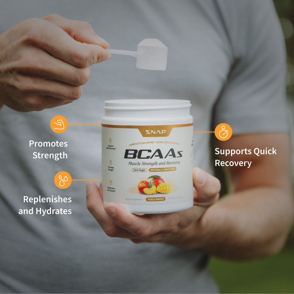 Snap Supplements BCAAs - Muscle Strength and Recovery - Sugar-Free Peach Mango Flavor 9.77 oz(277 g) Powder