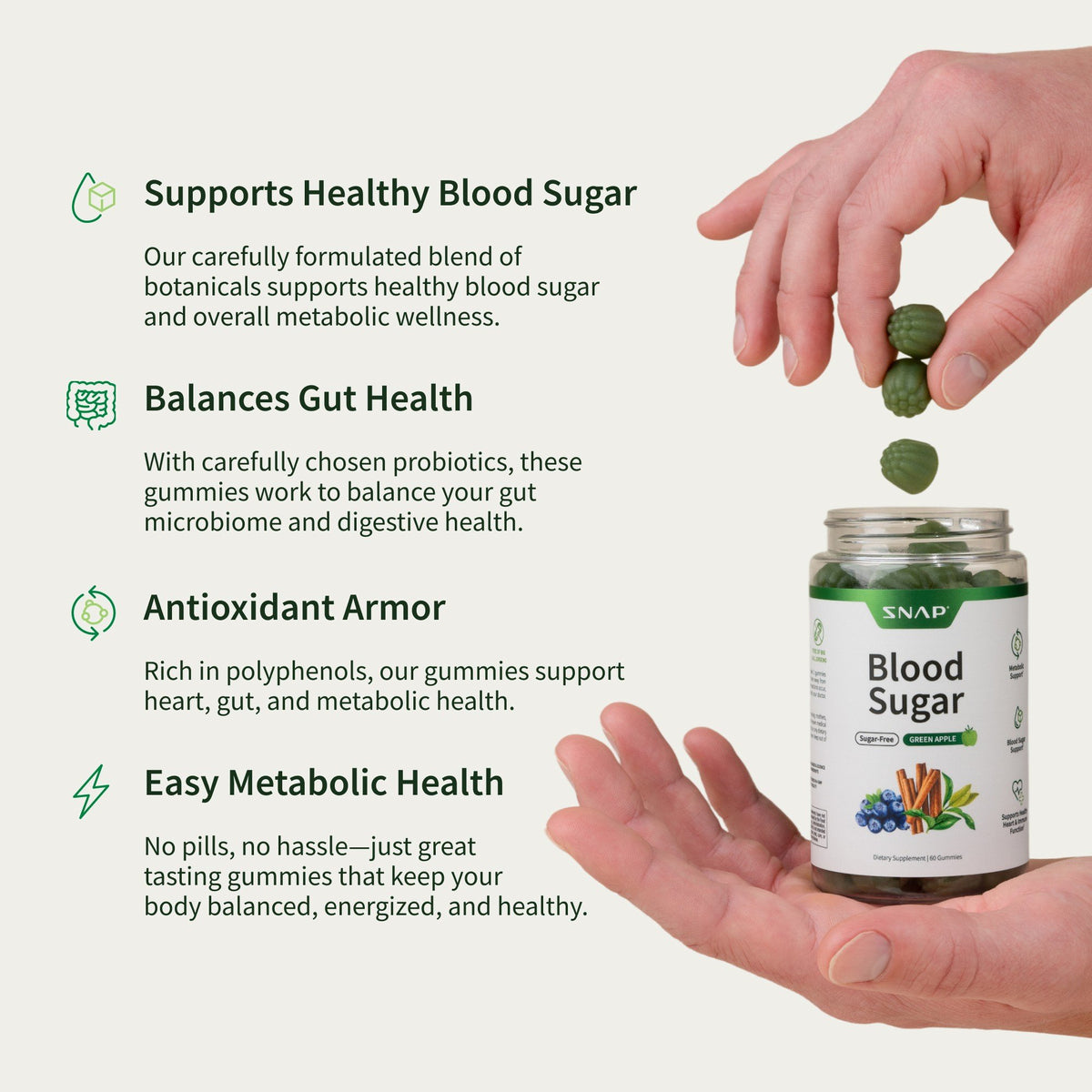Snap Supplements Blood Sugar - Sugar-Free Green Apple Flavor 60 Gummies