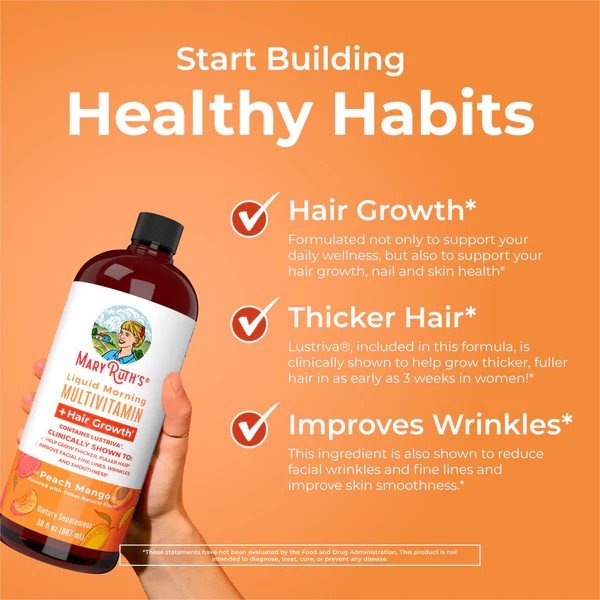 MaryRuth's Liquid Morning Multivitamin + Hair Growth-Peach Mango 30 fl oz (887 mL) Liquid