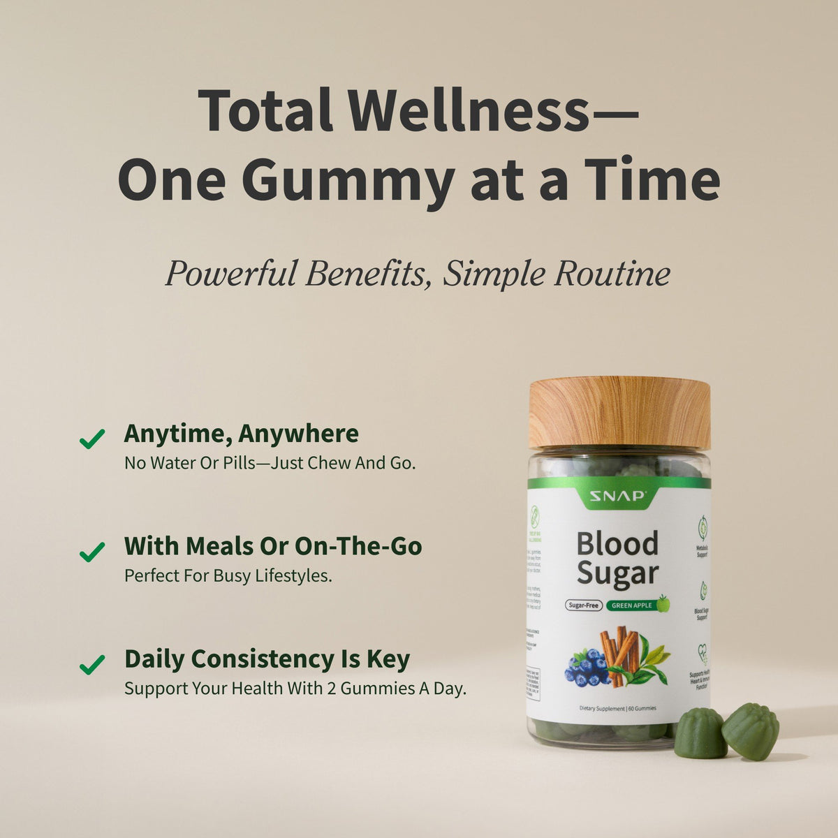 Snap Supplements Blood Sugar - Sugar-Free Green Apple Flavor 60 Gummies