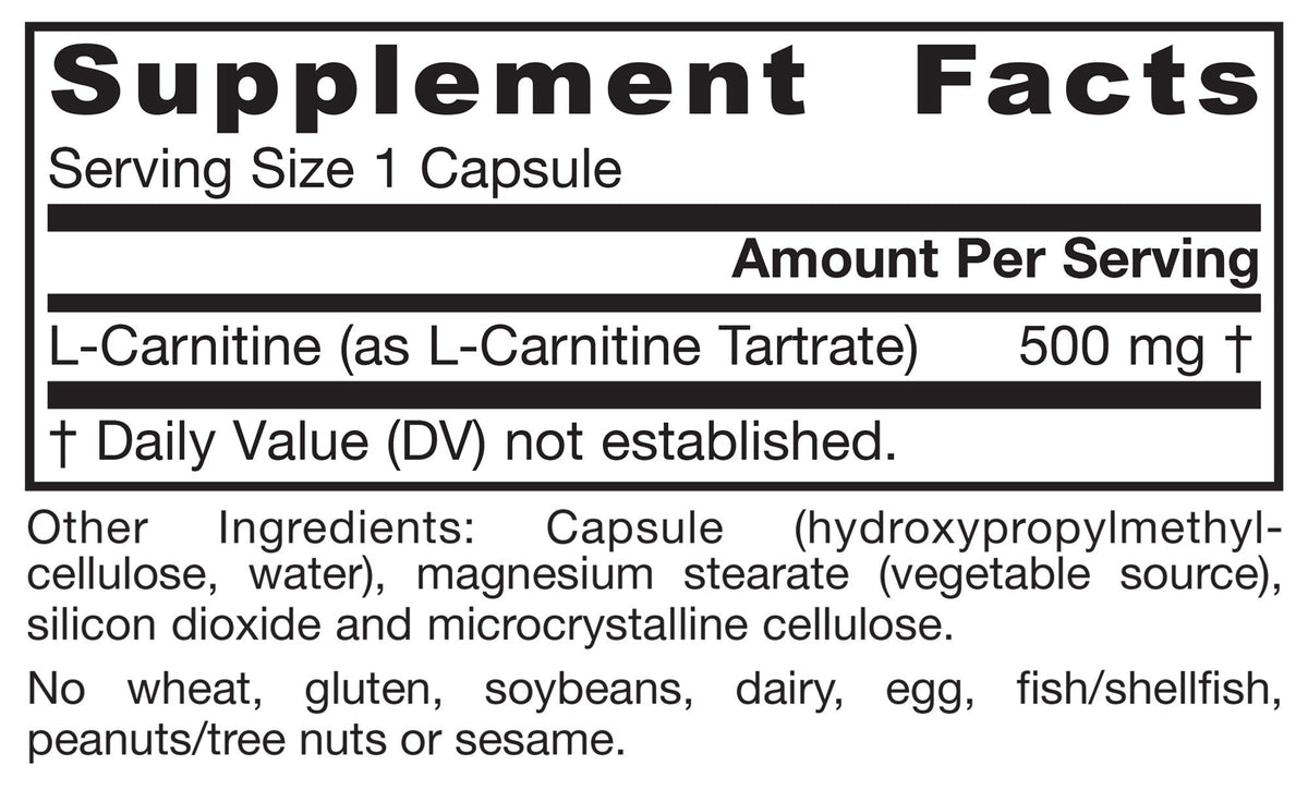 Jarrow Formulas Vegan L-Carnitine 500mg 50 Veggie Capsules