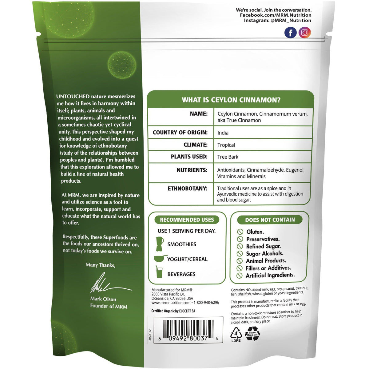 MRM (Metabolic Response Modifiers) Super Foods - Organic Ceylon Cinnamon Powder 4 oz Powder