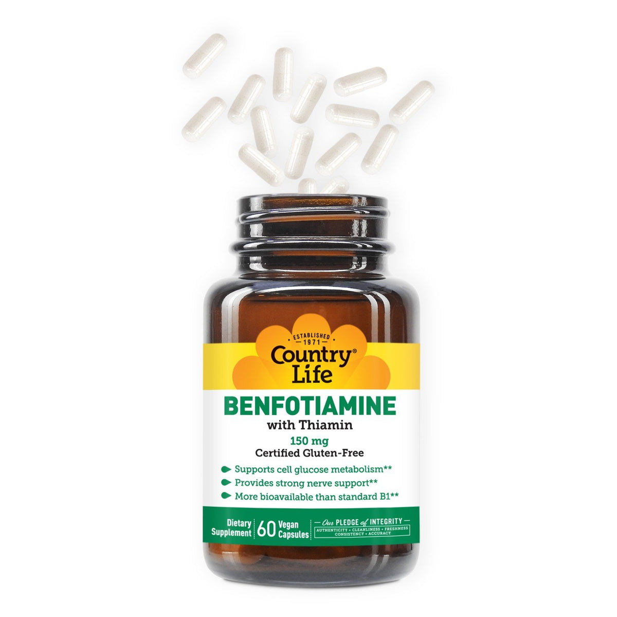 Country Life Benfotiamine with Thiamin-150 mg-Certified Gluten-Free 60 Vegan Capsules