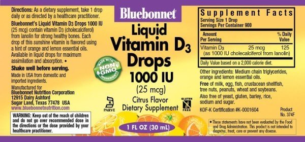 Bluebonnet Vitamin D3 Liquid Drops 1000 IU 1 oz Liquid