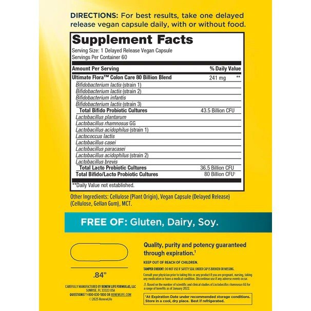 Renew Life Ultimate Flora Colon Care Probiotic 80 Billion 60 VegCap