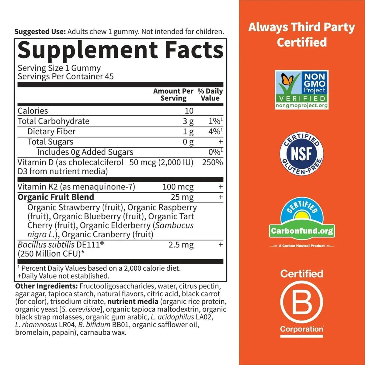 Garden of Life Vitamin Code Gummies Vitamins D3 & K2 45 Gummy