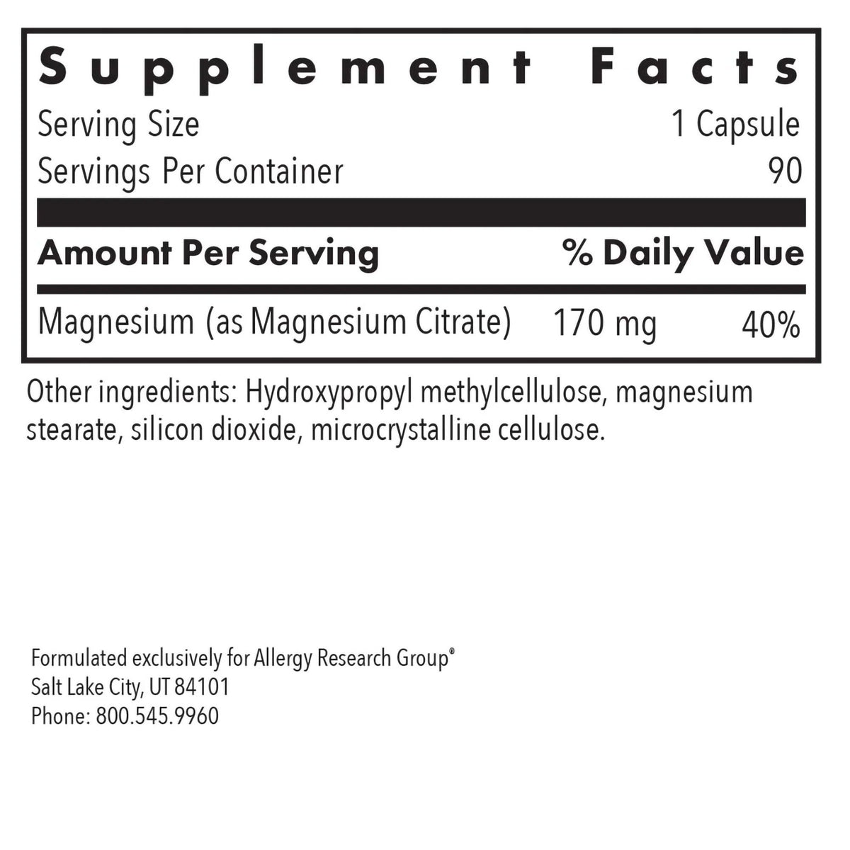 Allergy Research Group Magnesium Citrate Pure, Well-Absorbed Magnesium 90 VegCap