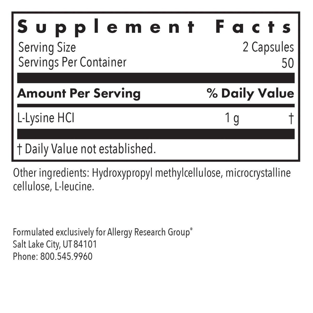 Allergy Research Group L-Lysine Free Form Amino Acid 100 VegCap