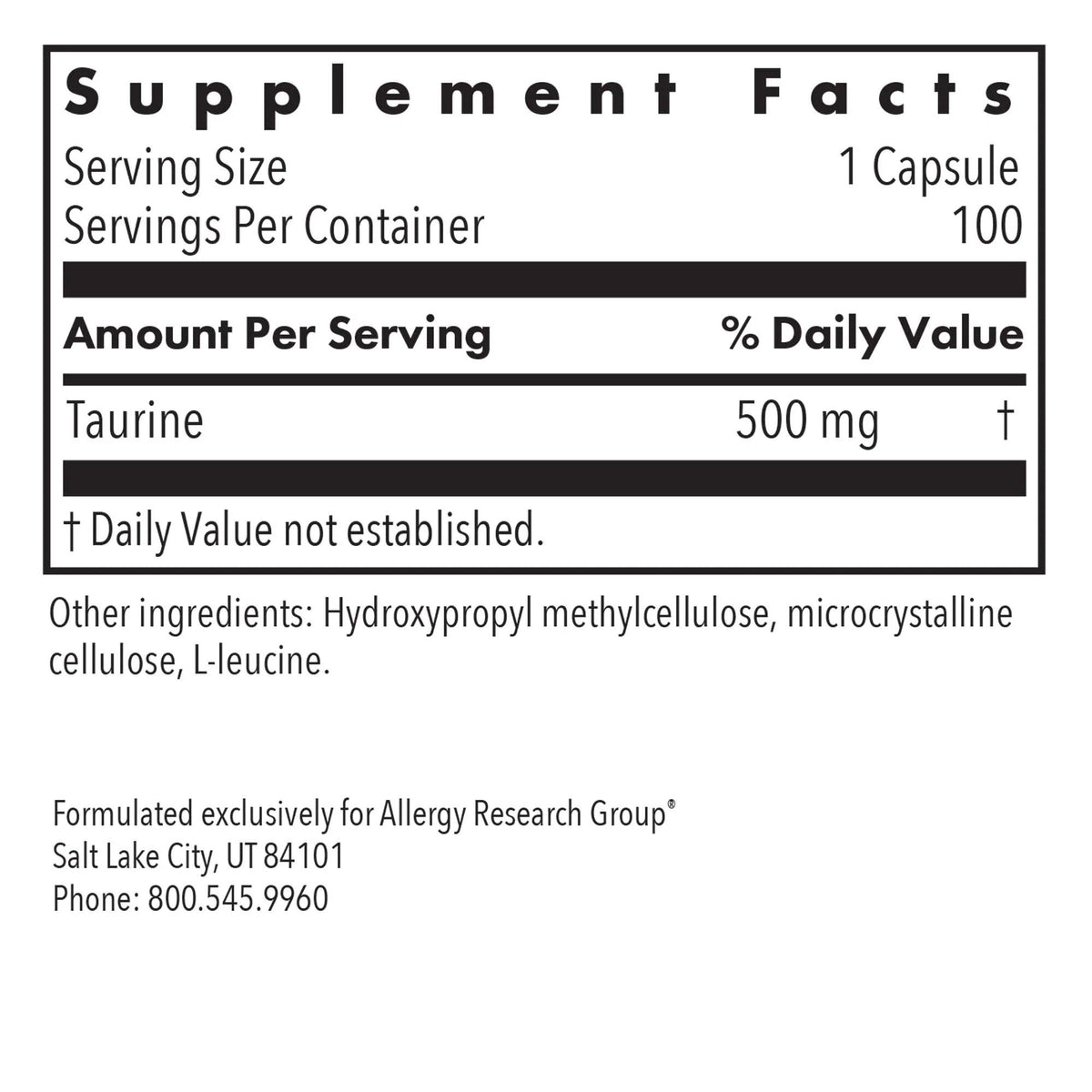 Allergy Research Group Taurine 500mg 100 VegCap