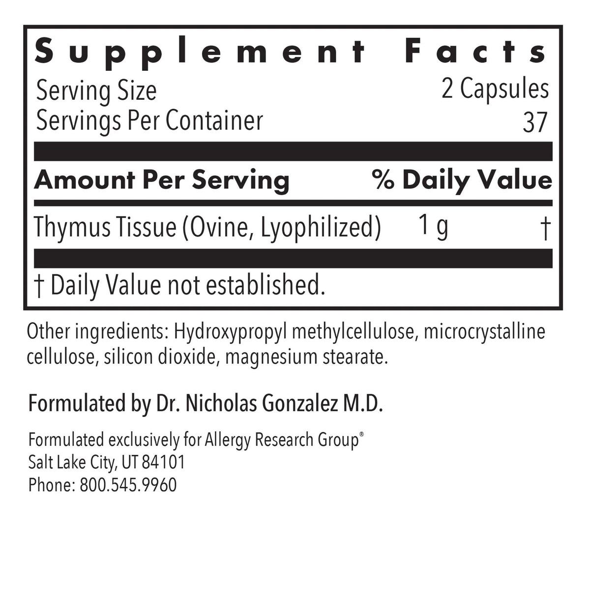 Allergy Research Group Thymus Natural Glandular 75 VegCap