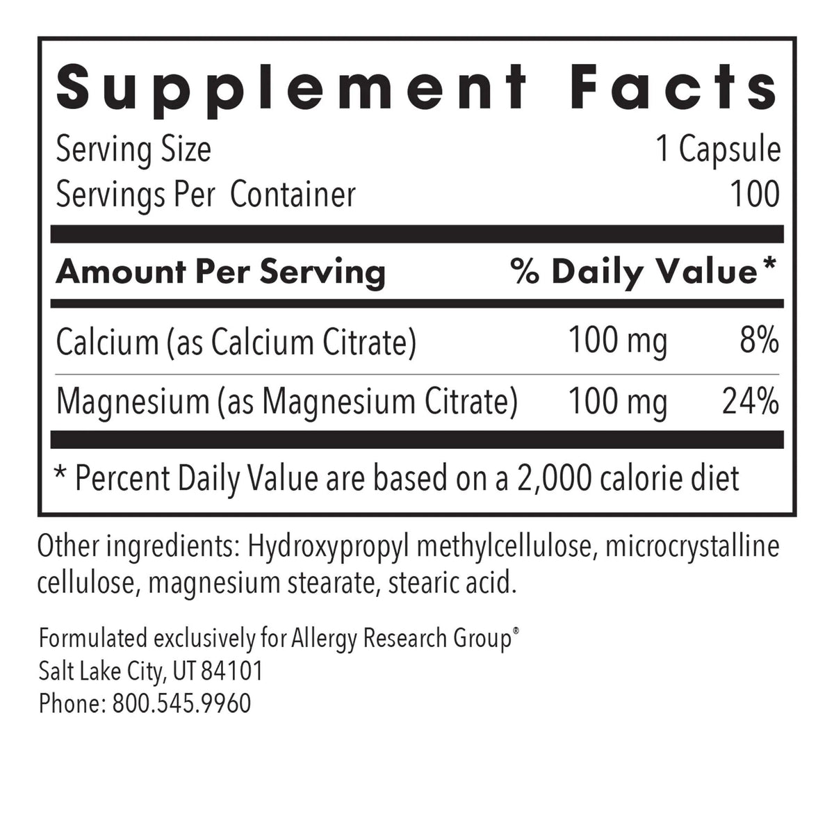 Allergy Research Group Calcium Magnesium Pure, Well-Absorbed Calcium-Magnesium 100 VegCap