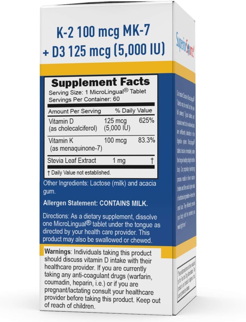 Superior Source K-2 100 mcg (MK-7) with D3 5,000 IU 60 Sublingual Tablet