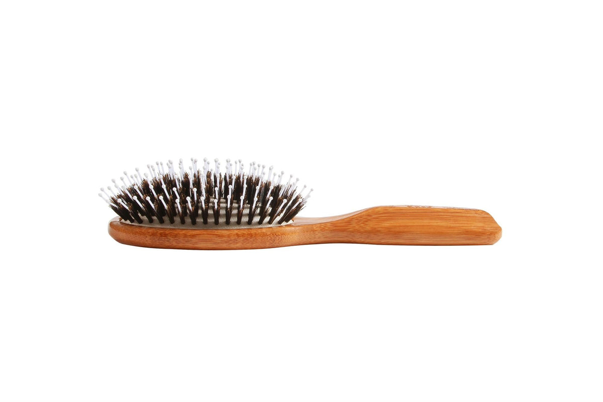 Bass Brushes Purse Size Oval Cushion 100% Wild Boar+White Nylon Bristles Light Wood Handle 1 Brush