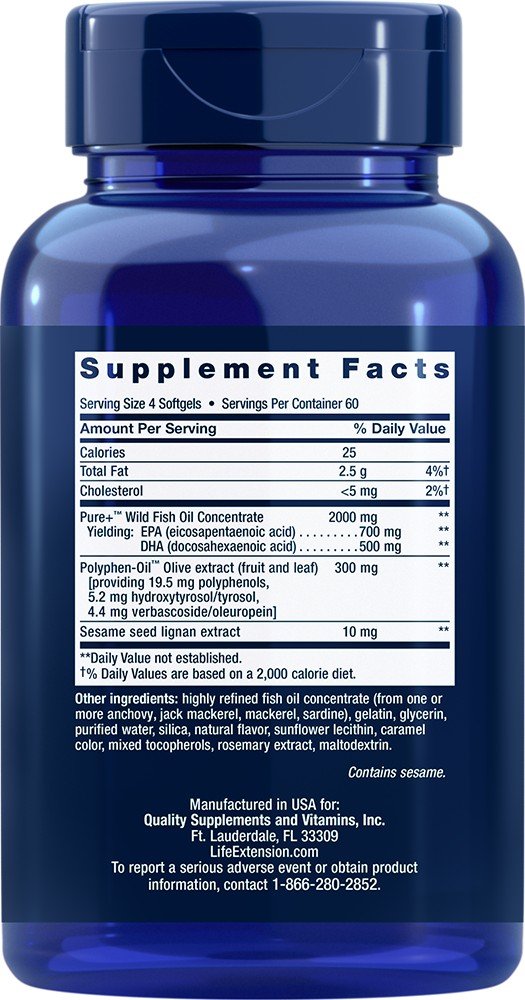 Life Extension Super Omega-3 EPA/DHA w/Sesame Lignans and Olive Fruit Extract 240 Softgel