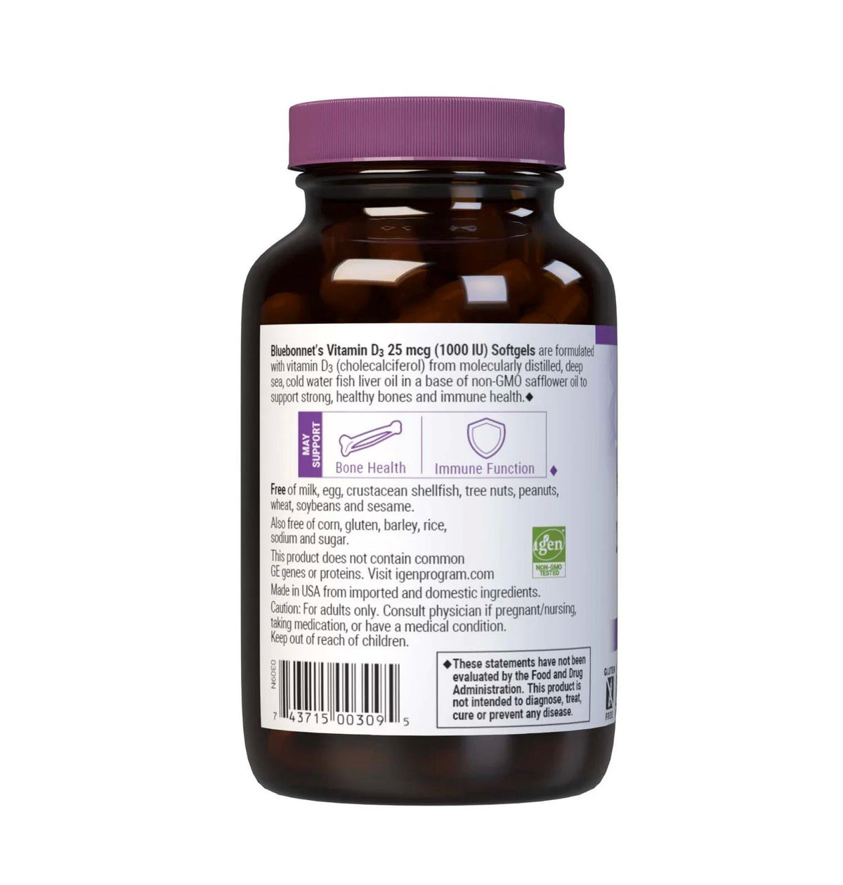 Bluebonnet Vitamin D3  25 mcg (1000 IU) 250 Softgel
