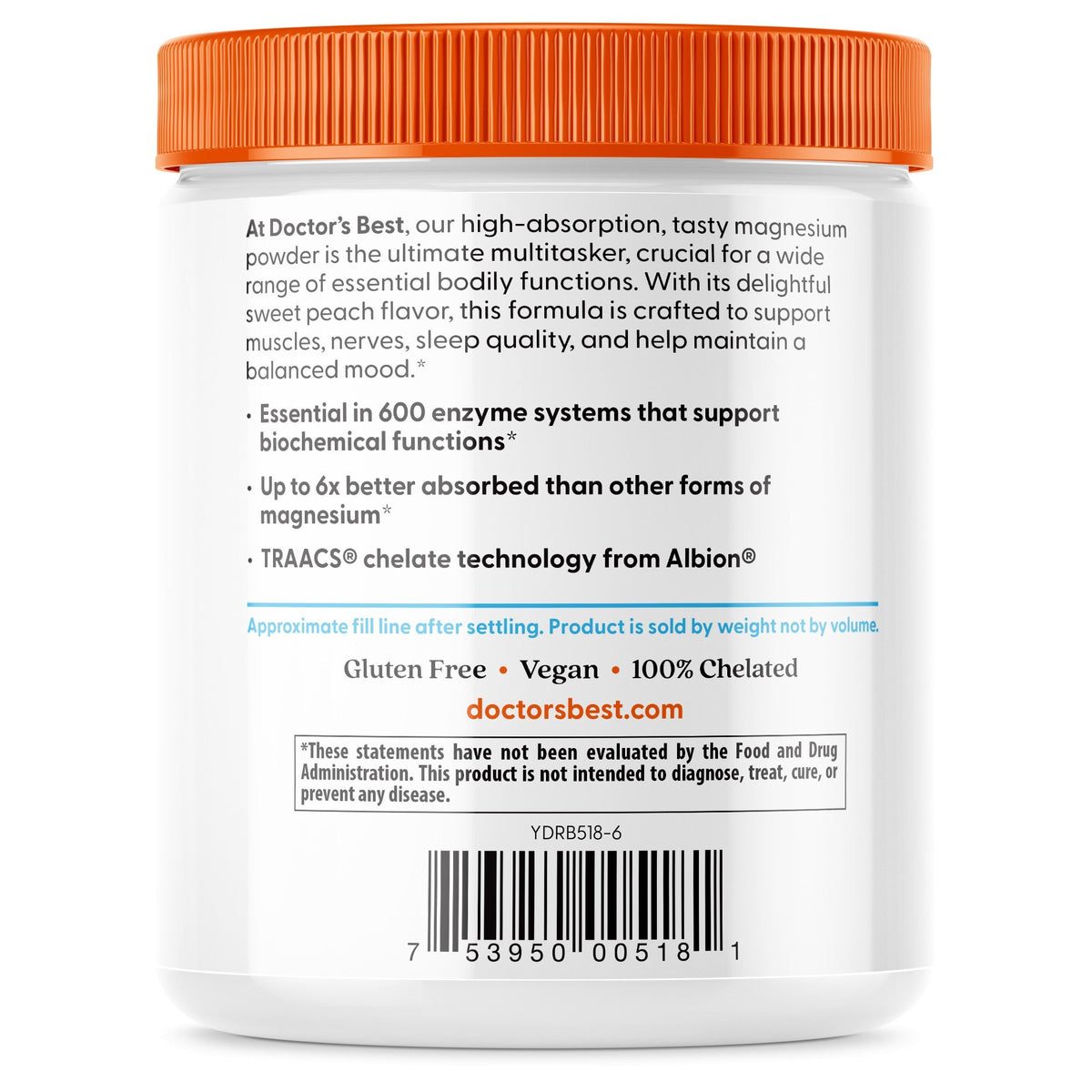 Doctors Best High Absorption Magnesium Powder-Lysinate Glycinate-100% Chelated-Sweet Peach 12.3 oz Powder