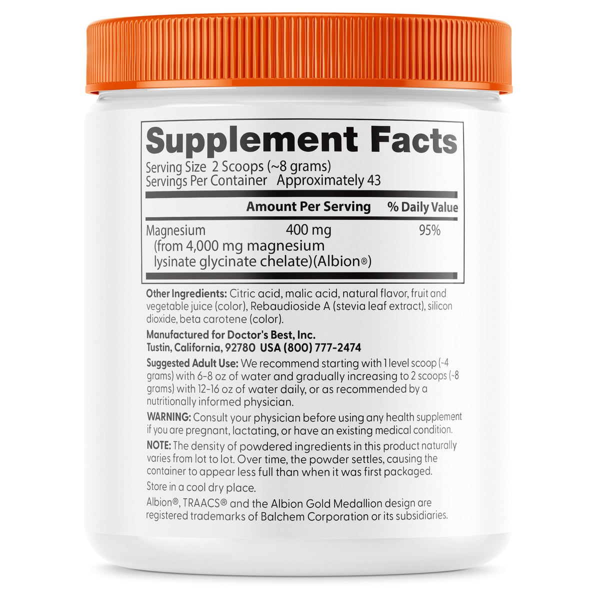 Doctors Best High Absorption Magnesium Powder Lysinate Glycinate - 400 mg - Fruit Punch 12.1 oz (340 Grams) Powder