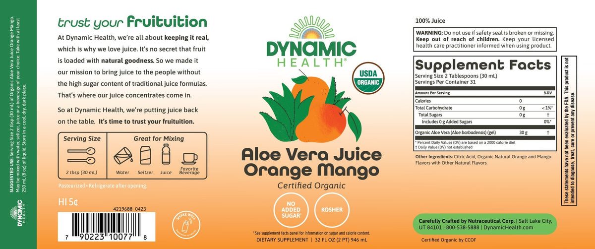 Dynamic Health Organic Aloe Vera Juice Orange Mango 32 oz Liquid