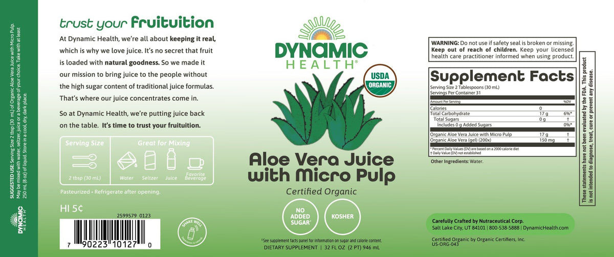 Dynamic Health Aloe Vera Juice w/Micro Pulp Certified Organic 32 oz Liquid