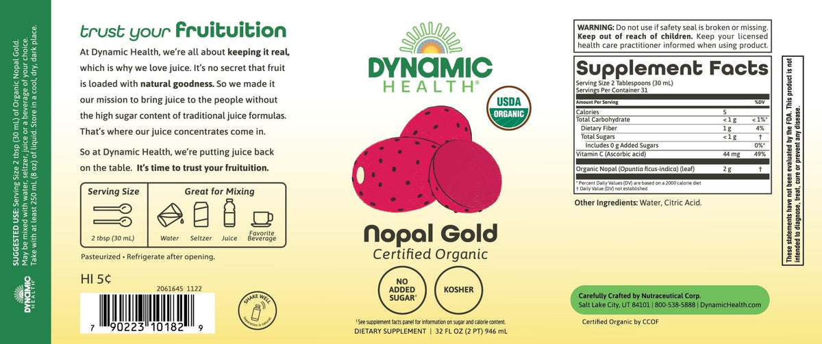 Dynamic Health Organic Certified Nopal Gold-100% Pure Nopal Juice 32 oz Liquid