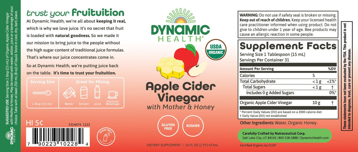 Dynamic Health Apple Cider Vinegar w Mother &amp; Honey Natural Glass 16 oz Liquid