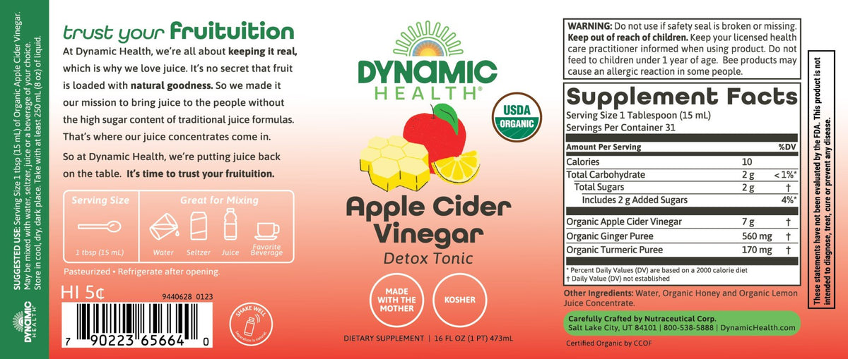 Dynamic Health Apple Cider Vinegar Detox Tonic Certified Organic 16 fl oz Liquid