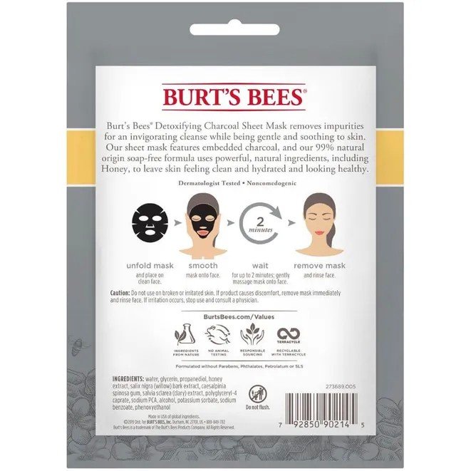 Burt&#39;s Bees Detoxifying Charcoal Sheet Mask with Honey 0.33 oz. Mask