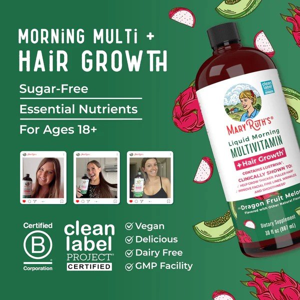 MaryRuth's Liquid Morning Multivitamin + Hair Growth-Dragonfruit Melon 30 fl oz (887 mL) Liquid