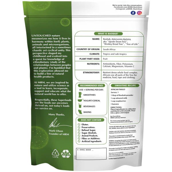 MRM (Metabolic Response Modifiers) Super Foods - Raw Organic Baobab Fruit Powder 8.5 oz Powder