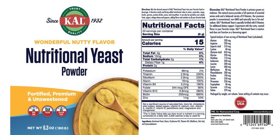 Kal Nutritional Yeast Powder Unflovored 6.3 oz Powder