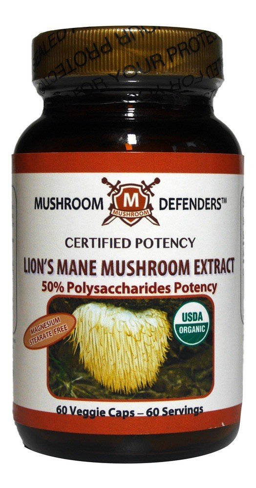 Mushroom Defenders Lion's Mane Mushroom Organic Extract 50% Polysaccharide Potency 60 Veg Cap