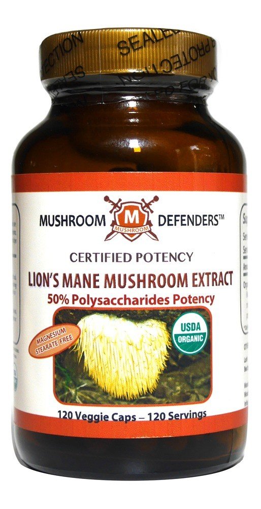 Mushroom Defenders Lion&#39;s Mane Mushroom Organic Extract 50% Polysaccharide Potency 120 Veg Cap