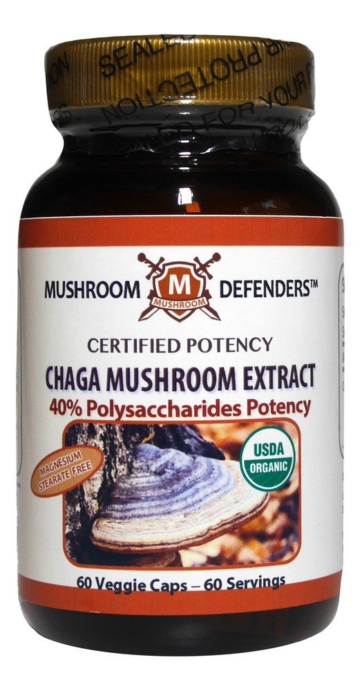 Mushroom Defenders Chaga Mushroom Organic Extract 40% Polysaccharide Potency 60 Veg Cap