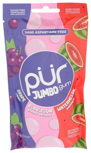 Pur Jumbo Gum-Aspartame Free Chewing Gum-Sugar-Free-Grape-Bubblegum-Watermelon Flavor 20 Pieces