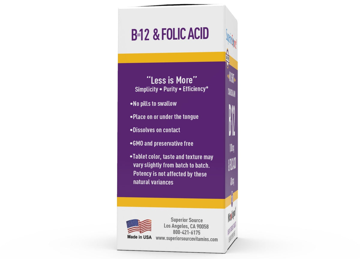 Superior Source NO SHOT B-12 1,000 mcg (as Cyanocobalamin) / Folic Acid 400 mcg 100 Sublingual Tablet