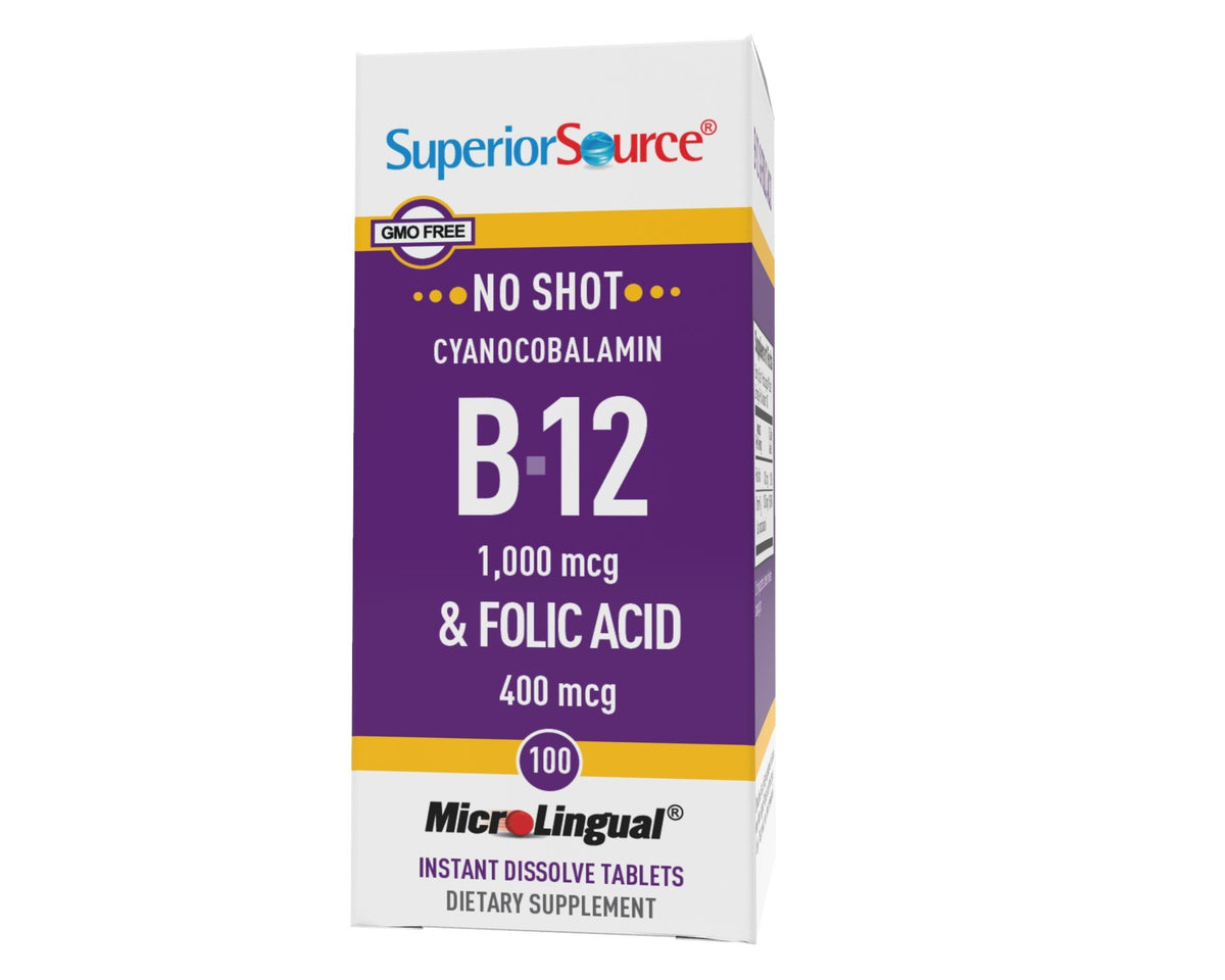 Superior Source NO SHOT B-12 1,000 mcg (as Cyanocobalamin) / Folic Acid 400 mcg 100 Sublingual Tablet