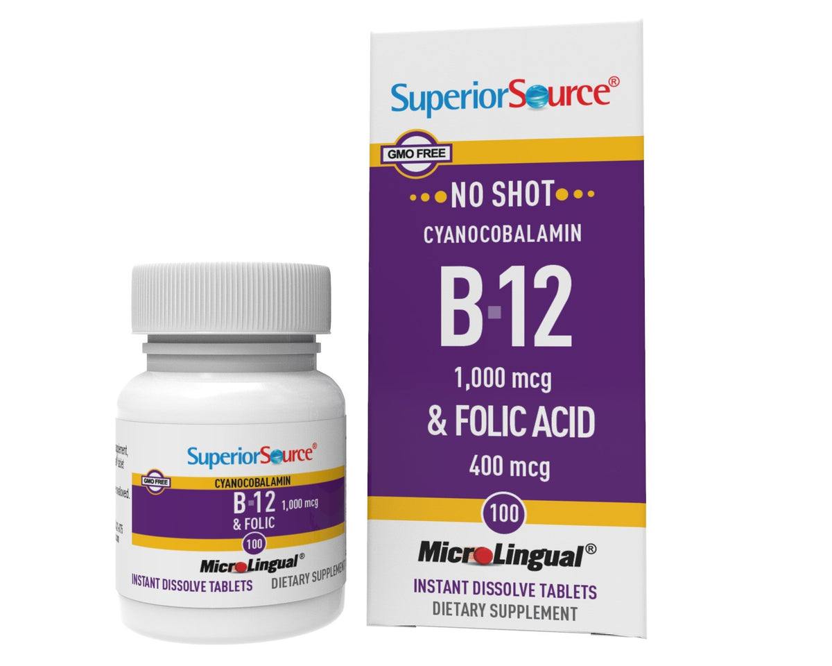 Superior Source NO SHOT B-12 1,000 mcg (as Cyanocobalamin) / Folic Acid 400 mcg 100 Sublingual Tablet