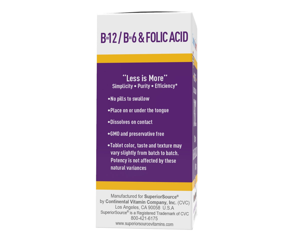 Superior Source B12 1000 mcg (as Cyanocobalamin)/B6 2 mg/Folic Acid 800 mcg 60 Sublingual Tablet