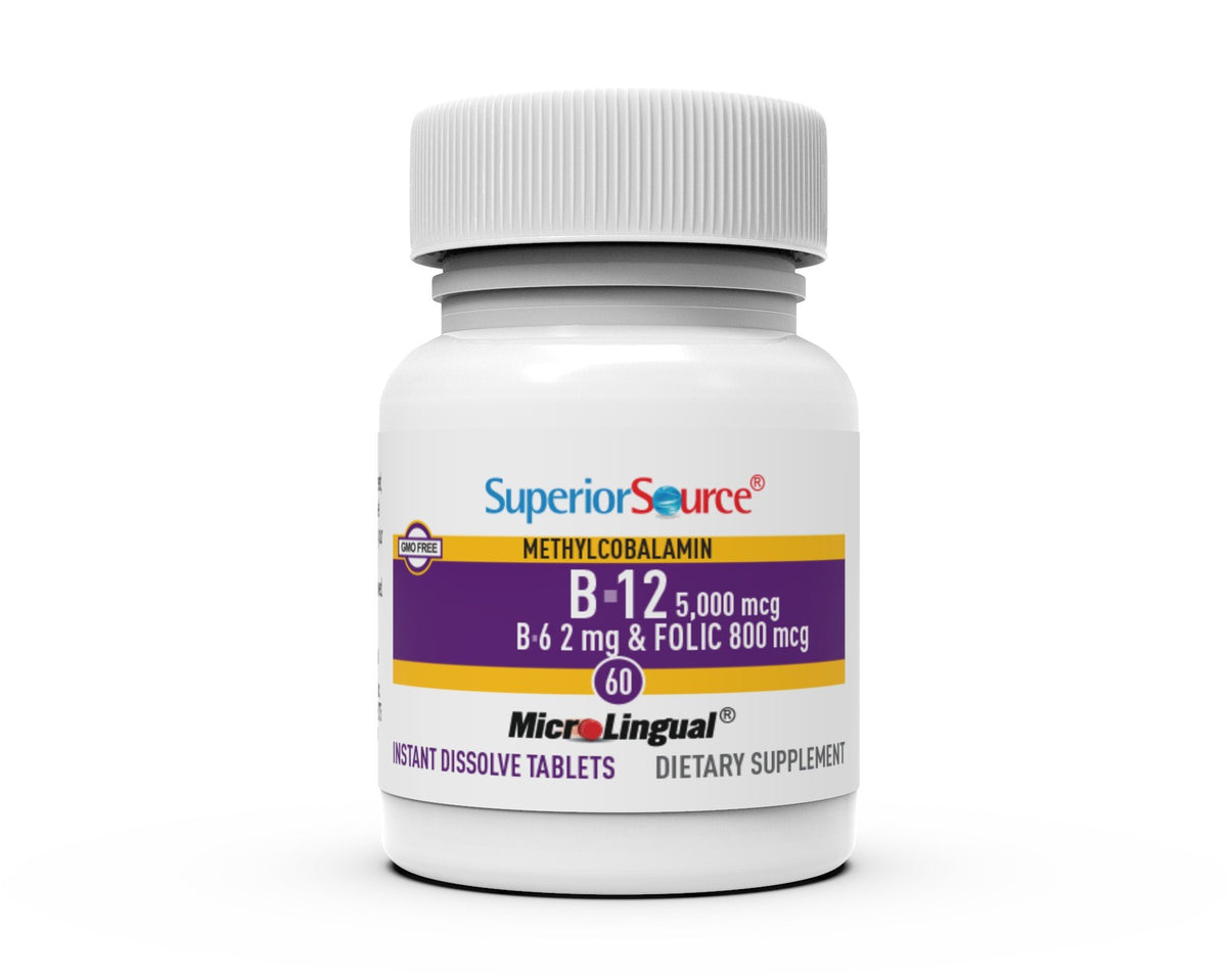 Superior Source No Shot Methylcobalamin B12 5000 mcg/B6/Folic Acid 800mcg 60 Sublingual Tablet