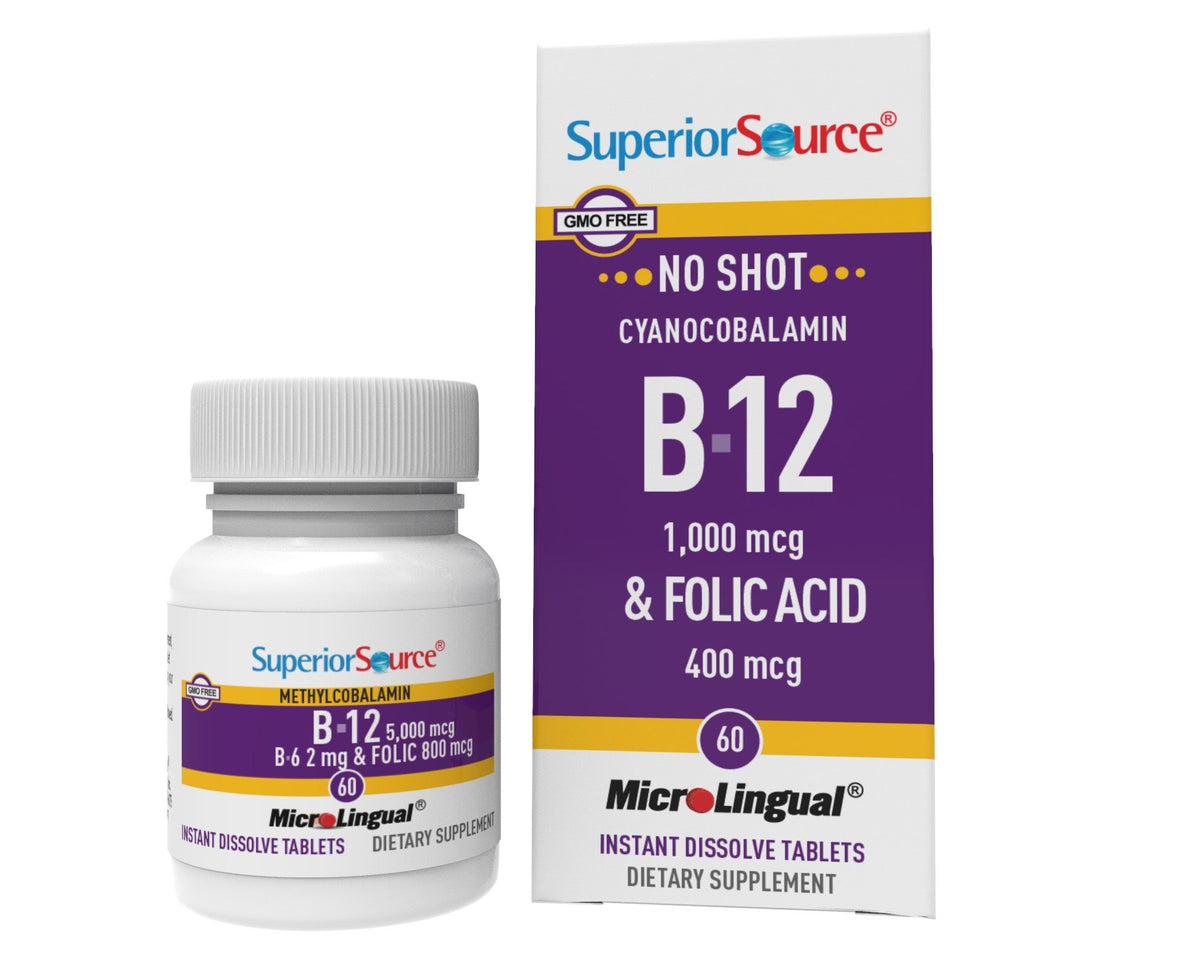 Superior Source No Shot Methylcobalamin B12 5000 mcg/B6/Folic Acid 800mcg 60 Sublingual Tablet