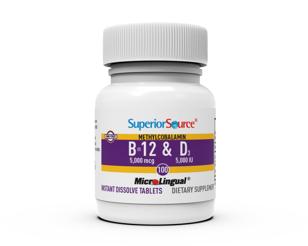 Superior Source NO SHOT Methylcobalamin B-12 5,000 mcg / D3 5,000 IU 100 Sublingual Tablet