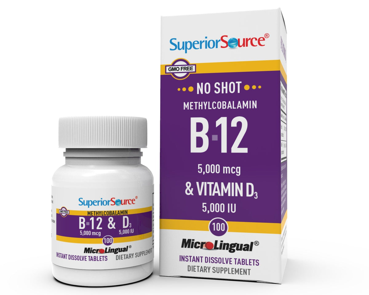 Superior Source NO SHOT Methylcobalamin B-12 5,000 mcg / D3 5,000 IU 100 Sublingual Tablet