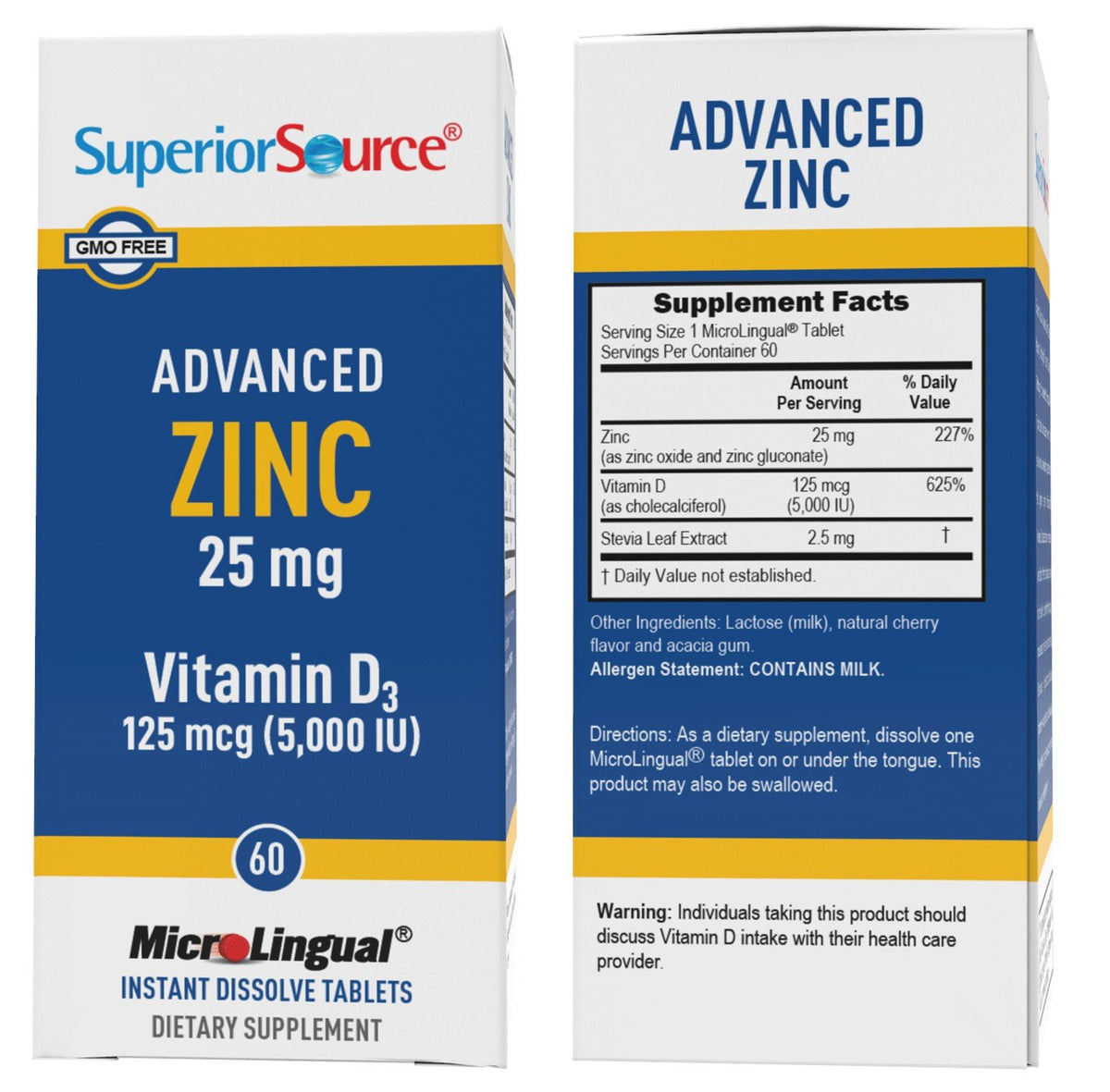 Superior Source Advance Zinc + D3 Zinc 25mg. D3 5,000IU 60 Sublingual Tablet