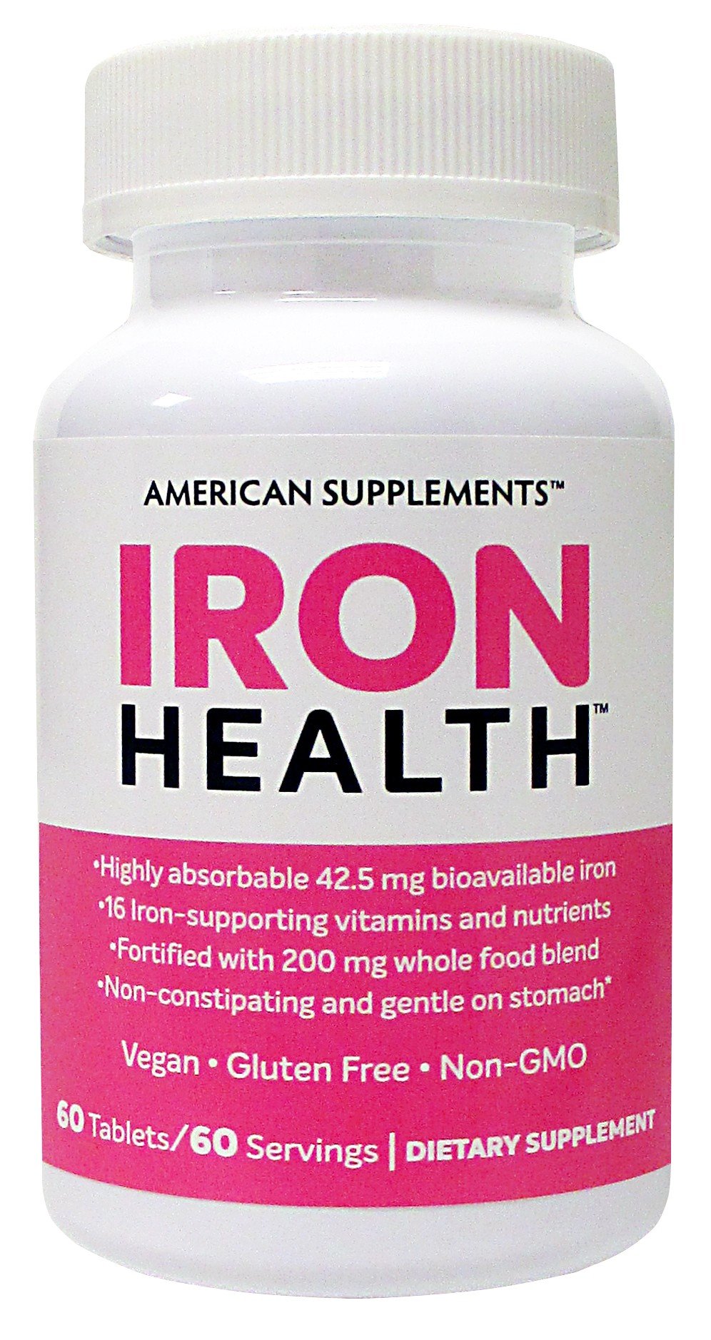 American Supplements Iron Health 42.5 Mg Non-Constipating Iron with 16 Iron-Supporting Vitamins and Nutrients including Vitamin C 60 Tablets