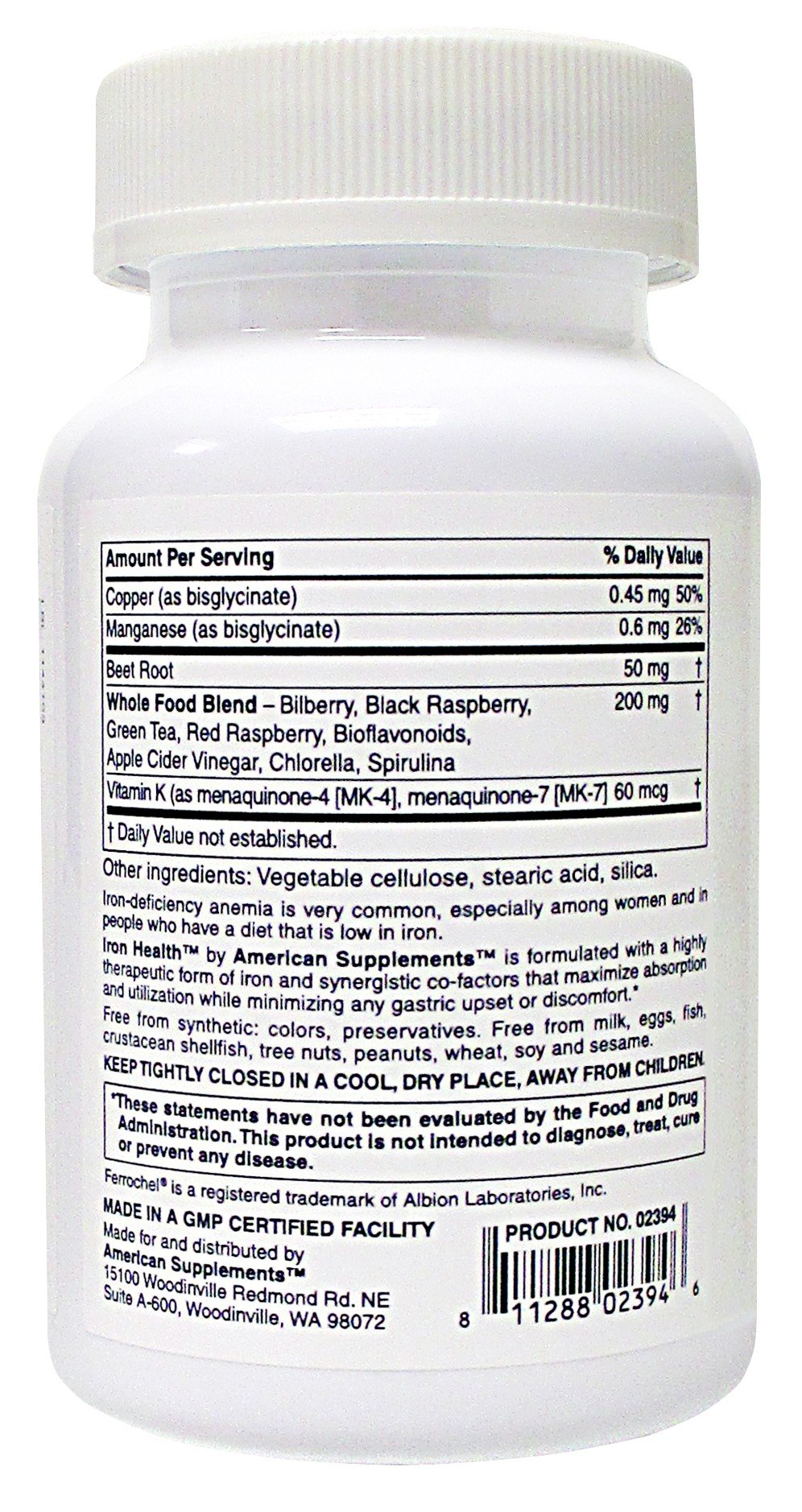 American Supplements Iron Health 42.5 Mg Non-Constipating Iron with 16 Iron-Supporting Vitamins and Nutrients including Vitamin C 60 Tablets