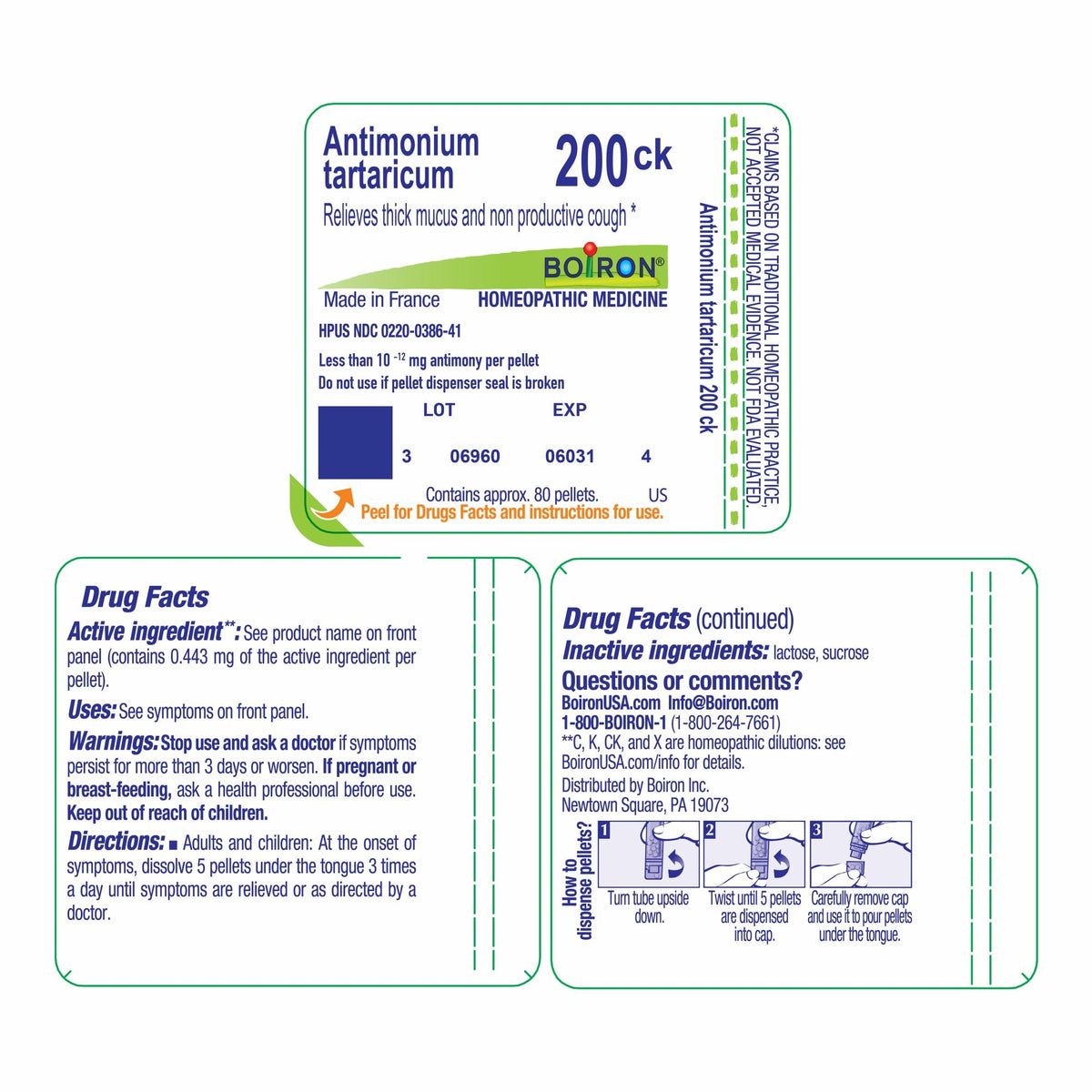 Boiron Antimonium Tartaricum 200CK Homeopathic Single Medicine For Cough, Cold &amp; Flu 80 Pellet