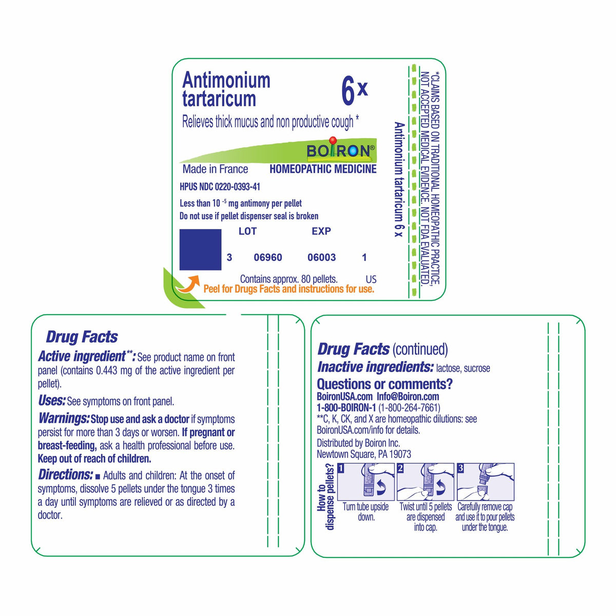 Boiron Antimonium Tartaricum 6X Homeopathic Single Medicine For Cough, Cold &amp; Flu 80 Pellet