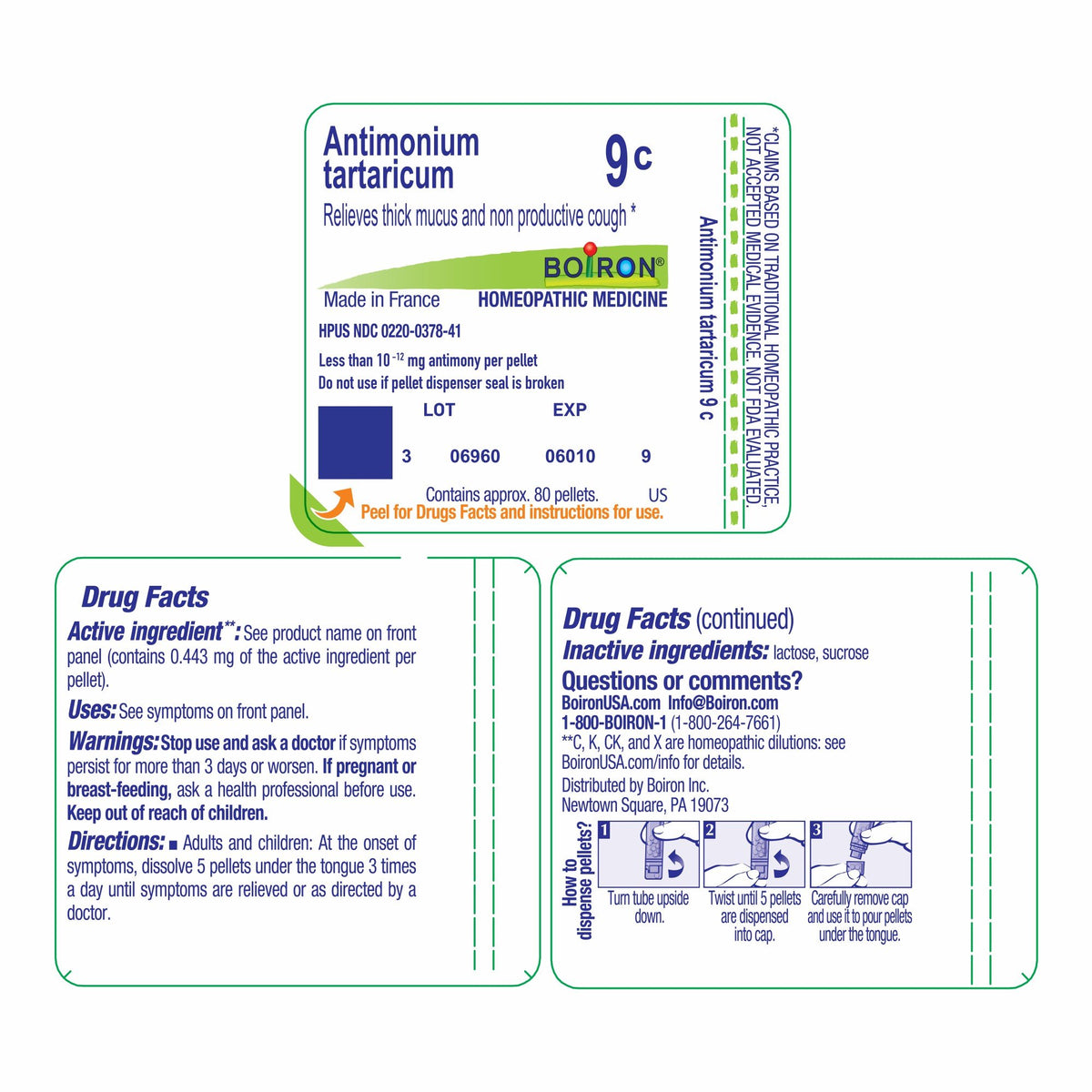 Boiron Antimonium Tartaricum 9C Homeopathic Single Medicine For Cough, Cold &amp; Flu 80 Pellet