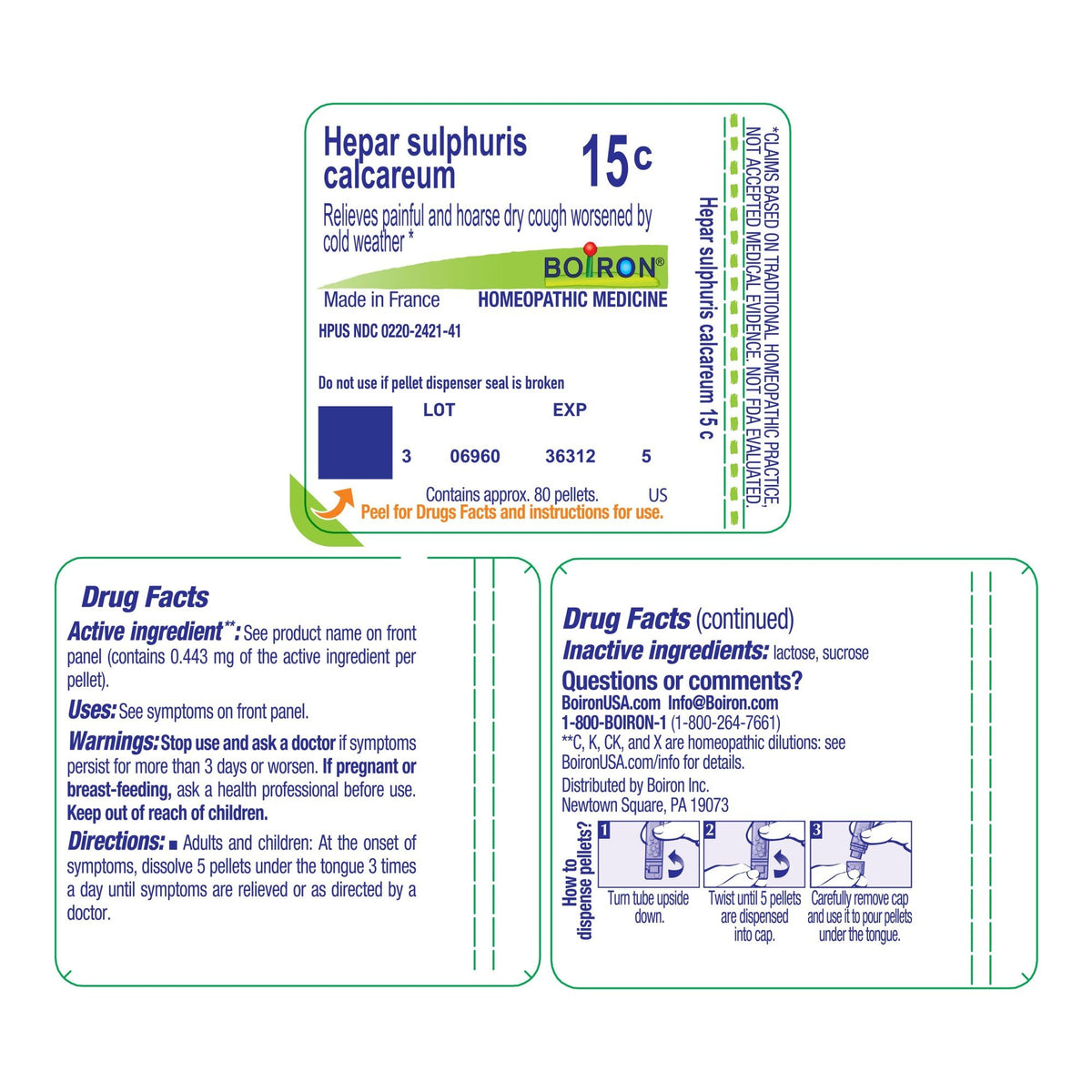 Boiron Hepar Sulphuris Calcareum 15C Homeopathic Single Medicine For Cough, Cold &amp; Flu 80 Pellet