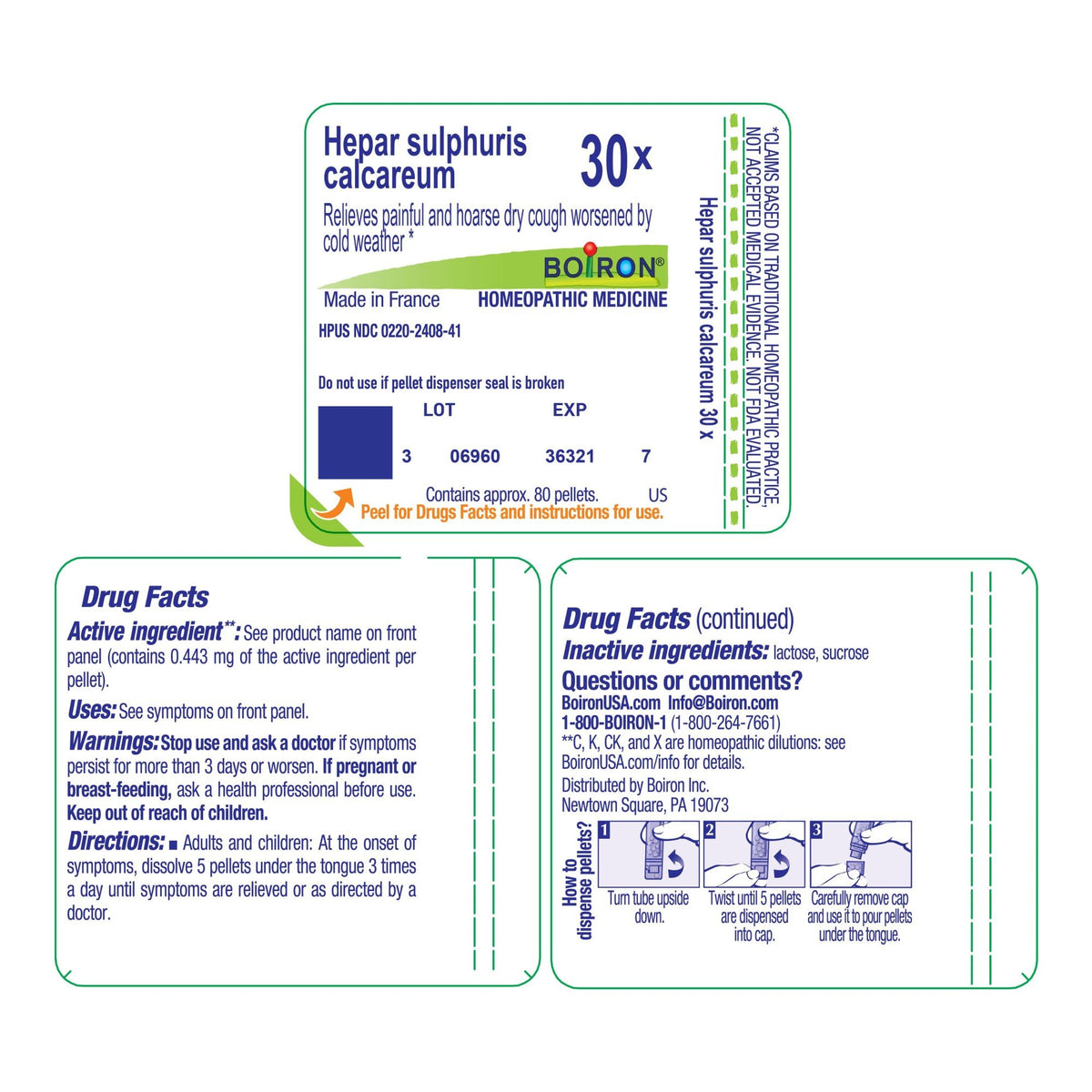 Boiron Hepar Sulphuris Calcareum 30X Homeopathic Single Medicine For Cough, Cold &amp; Flu 80 Pellet